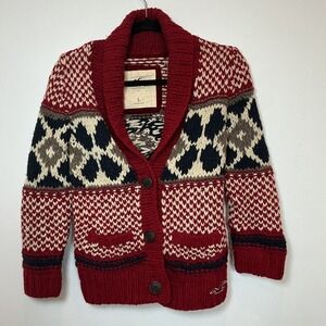 Hollister Fair Isle Shawl Collar Cardigan Mens Small Red Chunky‎ Knit Sweater